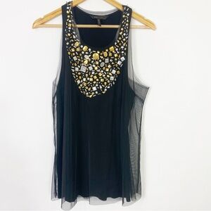 BCBGMaxAzria Black and Gold Embellished Tank Top Elegant Chic Layered NightOut M